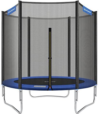 SONGMICS Trampolin Outdoor, Ø 183 cm Gartentrampolin, mit Sicherheitsnetz, Sicherheitsabdeckung, bis 100 kg belastbar, für Garten, schwarz-blau STR6FT