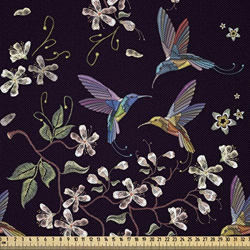 ABAKUHAUS Kirschblüte Stoff als Meterware, Kolibri, Seidiger Satin Stoff für Polster Heimtextilien, 1M (148x100cm), Schwarz Perle