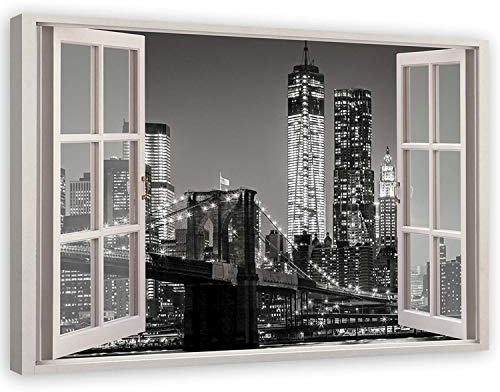 Feeby Leinwandbilder - Deko Bilder - Fensterblick New York B&W - Canvas 120x80 cm XXL 1tlg- Wandbilder Schlafzimmer - Aesthetic Room Decor - Modern Wanddeko - Bild auf Leinwand - Fertig Gespannd