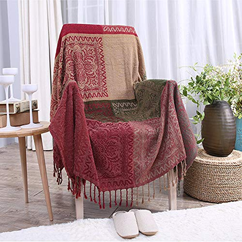 ele ELEOPTION Chenille Überwurf Decke, Jacquard Quasten Überwurf Decke Sofa Stuhl Bezug Dekorative für Bett Couch, Sessel, Folk Tribal Muster (Weinrot, 220 x 250 cm)