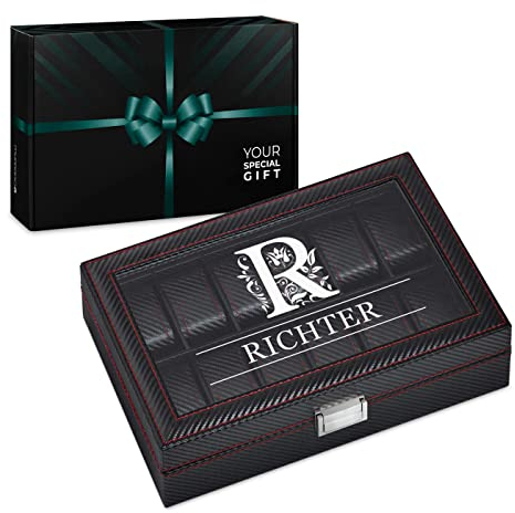 Maverton Uhrenbox mit Gravur für 12 Uhren - 33x21x8cm - Uhrenkasten aus Kunstleder - Schwarz - Geschenk für Männer - Monogramm