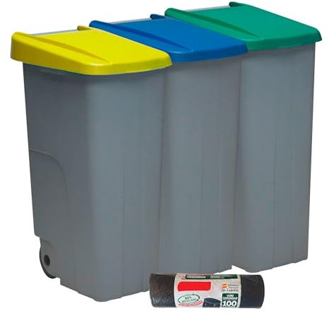 Denox PK3334 Pack Reciclaje Reciclo 85 litros Cerrado c/u: 255 litros totales, en 3 contenedores, en Colores Azul/Verde/Amarillo