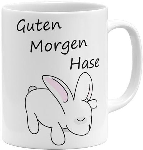 OM3® Guten Morgen Hase Kaffee-Tasse mit Spruch - Statement Tiermotiv süßes Motiv - Keramik Becher - 325ml - Beidseitig Bedruckt - Weiss