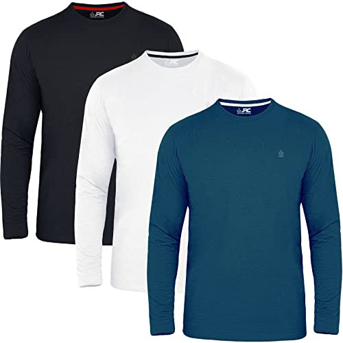 JRC Just Royal Clothing Pack of 3 Mens Long Sleeve Crewneck T-Shirts, Casual Round Neck Tops (Mid Night, White, Black, 3XL)