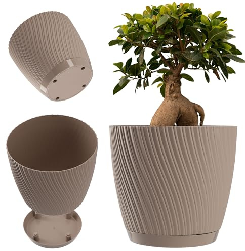 KADAX Maceta redonda de plástico con plato para plantas de interior, maceta de flores atemporal con superficie decorativa para uso interior y exterior (22 cm, Taupe)