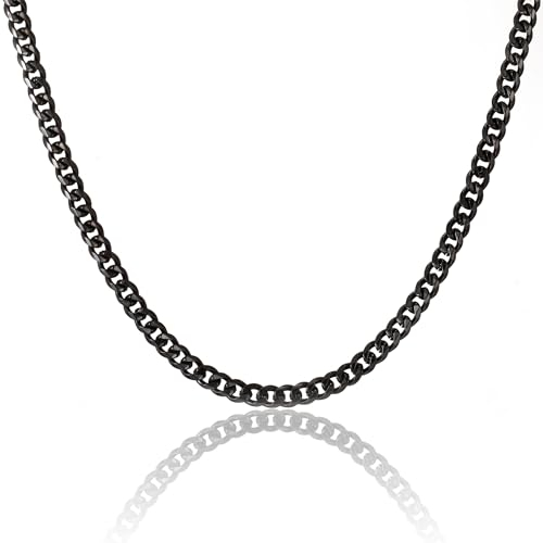 RWQIAN Edelstahl Klassische Kette Herren Schwarz 6mm Panzerkette Männer Link Chain Cuban Kette 51CM Hip-Hop Halskette