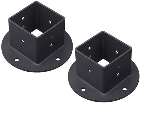 2 x 2 quadratische Zaunpfosten Flansch-Basis Pergola-Pfosten-Basishalterungen, strapazierfähig, schwarz, Wandhalterung, Pfostenanker, Basishalterungen mit 10 x Schrauben und Kunststoff-Dehnrohr