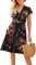 CLOUSPO Damen Sommerkleider Kurzarm Elegant V-Ausschnitt Boho Strandkleider mit Taschen Knielang Rüsche Retro Casual A-line Freizeit Kleider（Blume A，L）