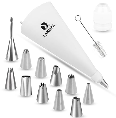 TAKUZA Spritzbeutel Mit Tüllen Profi 14 Stück, Wiederverwendbar, Spritztüllen Set Groß, 11 Edelstahl Tüllen für Kuchen, Torten, Keksen-Dekoration