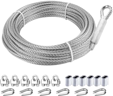 hannger Cable inox 5mm, 61 Mètres Câble Métallique, Câble en Acier Inoxydable 304, 7×19 Brins Câble en Acier avec Boucles pour Tyrolienne, Garde-Corps de, Résistant à une Charge de 1600kg