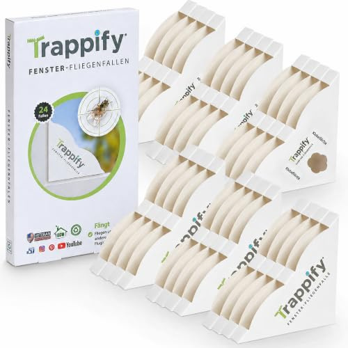 Trappify Fenster Fliegenfalle Innenbereich Fliegenfänger Klebestreifen 24er | Papier-Klebefalle als Fliegen Fänger fürs Fenster, für Küche, Schlafzimmer & Wohnzimmer, einfach falten & ankleben