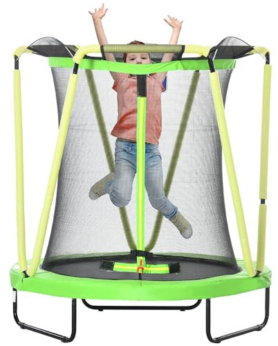 ZONEKIZ Trampolino Elastico Ø140x155cm per Bambini 3-10 Anni, Tappeto Elastico con Rete di Sicurezza, Canestro, Palla da Basket e Palline, Verde