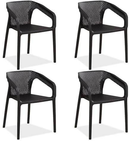 Homestyle4u Gartenstuhl Stapelbar Kunststoff Schwarz 4er Set mit Armlehnen Wetterfest Gartenmöbel Stühle Modern