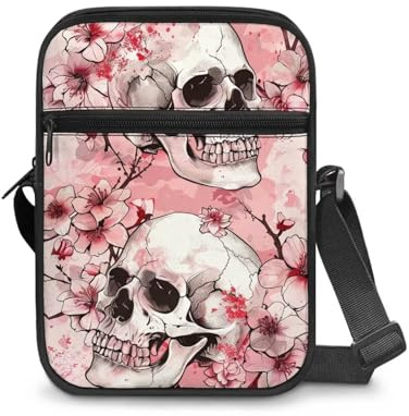 Renewold Umhängetasche, Kuriertasche, Handytasche, Handtasche, Schultertasche für Damen, Herren, Kinder, Jungen, Mädchen, Pink Totenkopf