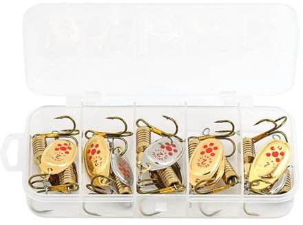 Lot de 10 leurres de pêche dorés et argentés pour pêche à la truite et à la perche, leurres de pêche Spinnerbait Smooth Spoons Rigs – Leurres durs Spinnerbait Cuillère de pêche en métal artificiel
