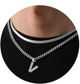 Kette Herren Kette mit Buchstaben A-Z Silber Gold Schwarz Buchstaben Kette Edelstahl Anhänger Halsketten Doppelkette Necklace Men 18+20 Inches Abschluss Geburtstage Geschenke für Männer (Silber V)