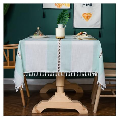 Epinki 100x160CM Tischdecke, Tischtücher Streifen mit Quaste Polyester, Tischdecke Rund Tischschutz für Küche, Esstisch, Couchtisch, Parteien, Abendessen, Hellgrün