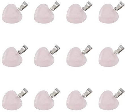 Hobbspring 12 ciondoli in quarzo rosa naturale rosa da 15 mm, a forma di cuore, con cristalli e pietre preziose, con anelli in ottone color platino, per la creazione di gioielli, accessori fai da te,