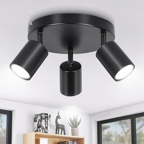 Ketom Faretti da Soffitto Orientabili Base Rotonda, GU10 Lampada Faretti Led Soffitto, Faretti Neri da Soffitto Moderna, Plafoniera LED con 3 Faretti per Cucina, Cameretta, Senza Lampadina