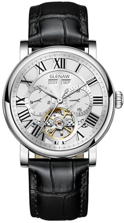 Herren Automatik Tourbillon Vintage Uhr Schwarz Lederband Skelett Römisches Zifferblatt Tagesdatum Kalender 30ATM Wasserdicht Leuchtzeiger Klassische Mode Uhr für Männer