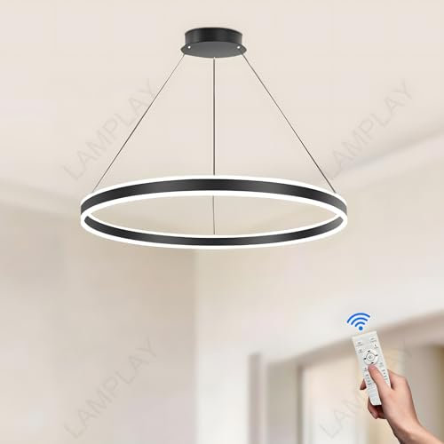 LAMPLAY Runde Moderne LED-Pendelleuchte, 1 Schwarzer Ring-Kronleuchter, Dimmbar Mit Fernbedienung 3000K-6000K Deckenleuchte, Höhenverstellbar, Foyer, Wohnzimmer, Schlafzimmer, Esszimmer(Ø60cm)