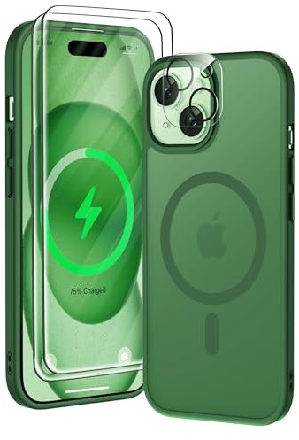 ORETECH Magnetica Opaca Cover per iPhone 15 Custodia iPhone 15 con 2 Pezzi Pellicola Protettiva in Vetro Temperato & 1 Pezzi Pellicola Fotocamera Antiurto Ultra Sottile Hard PC Cover-Verde Scuro