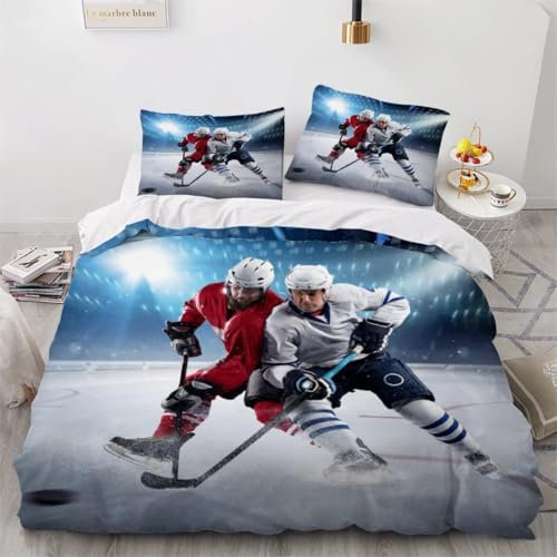 NYSMGS Kinderbettwäsche 135x200 Eishockey Mädchen Jungen Kinder 3D Druck Eishockey Bettbezug Weich Mikrofaser Bettwäsche-Sets 2Teilig mit Reißverschluss und Kissenbezüge 80x80cm a374