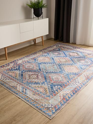 benuta Basic Waschbarer Teppich George - Blau 240x340 cm - Kunstfaser - Rechteckig & im Style: Vintage, Elegant, Retro - Pflegeleicht für Wohnzimmer Schlafzimmer