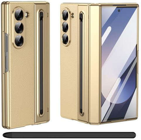 pour Samsung Galaxy Z Fold 5 étui avec Support S Pen, [avec Protecteur d'écran en Verre trempé], étui en Cuir Samsung Galaxy Z Fold5 avec Protection de charnière-Or