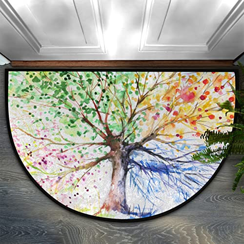 PAKCELL Paillasson motif arbre de vie aquarelle, antidérapant, demi-rond, 61 x 91,4 cm, tapis de bienvenue pour porte d'entrée, tapis de sol décoratif pour intérieur et extérieur, cuisine, entrée,