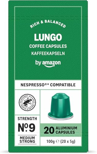 by Amazon Capsules de café Lungo compatibles avec Nespresso, en aluminium, torréfaction moyennement poussée, 20 Pièces - Certifié Rainforest Alliance