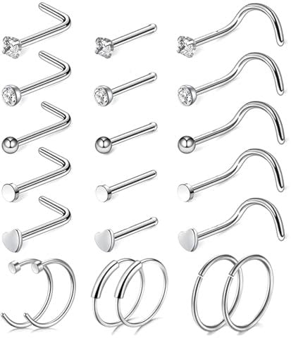 LOCCY 21-30 Stück 20G Nasenpiercing, 316L Edelstahl Nasenring Nasenstecker Silber/Gold Screw/Straight/L-Form Nasenpiercing mit Zirkonia Nostril Piercing Schmuck für Frauen Männer (Silber-21 Stück)