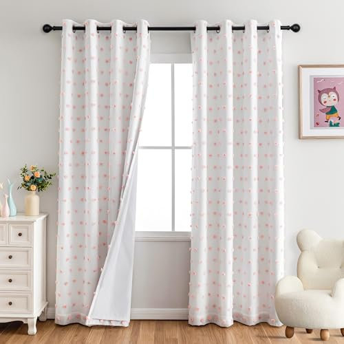 MYSKY HOME Gardinen Rosa Blickdichte Vorhang Kinderzimmer Mädchen —— Verdunklungsvorhänge mit Ösen Thermovorhang Doppellagige Pom Pom Gardine für Schlafzimmer 2er Set, H 225 x B 140 cm, Rosa