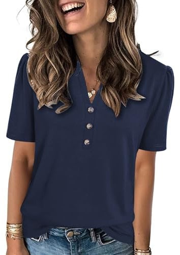 Famulily Womens Summer V Neck Blouse Puff Short Sleeve Longline Shirt Button Loose Casual Top Navy Blue XL