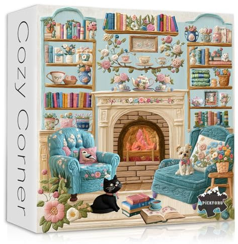 PICKFORU Cozy Puzzles für Erwachsene 1000 Teile, Hund Welpe Katze Jigsaw Puzzle Bücherregal Teetassen, Stickerei Ästhetische Puzzle Kabine, Einzigartige Moderne Kunst Jigsaw Challenging