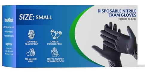 Heavy Duty Black Nitrile Disposable Gloves - Latex-Free, Powder-Free, Pack of 100, Strong and Puncture-Resistant, Medical, Food Handling, Tattoo Barber Shop Gloves (Packaging may vary) (Small Size)
