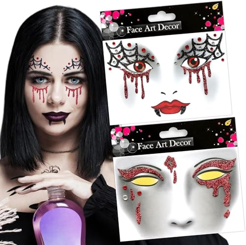 2 Stück Face Art Aticker, Halloween Tattoo Gesicht Karneval, Temporäre Gesichtstattoo, Glitzer Gesicht Aufkleber, Temporäres Tattoo für Halloween, Karneval, Fasching, Maskerade, Motto Partys (P)