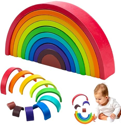 Jonuin Holz Regenbogen, 10-teiliges Regenbogen Bausteine Set, Regenbogenblöcke, Stapelturm Lernspielzeug, Montessori Holzspielzeug für Kinder(18,5 x 9,5 x 3 cm)