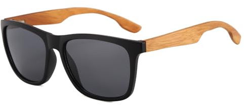 Long Keeper Lunettes de Soleil Bois Homme Femmes Lunettes de Soleil Classique Monture en Bois Lunette à Carré Verre Miroir Protection UV400 pour Conduite Pesca