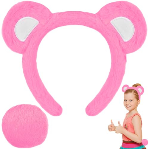 Bärenohren Haarreif mit Plüsch-Schwanz, Bärenkostüm für Halloween, Rosa
