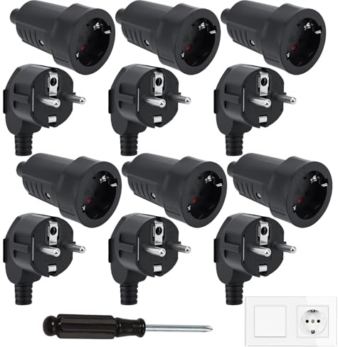 Lot de 12 Connecteurs Schuko, Kit Schuko Fiche + Prise Femelle 250V(16A), Ignifuge IP20, Prise d'alimentation, Jeu de Contacts de Protection, Fiche Europe Coudée pour Câble 8 mm