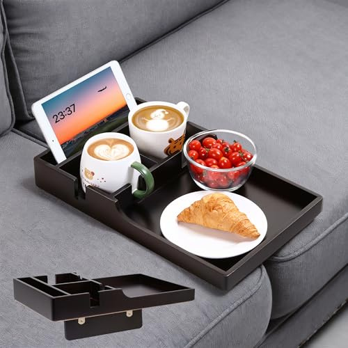 Nnewvante Couch Insert Tray, 2-in-1 Insert & Flat Sofa Organizer Bamboo with 4 Compartments,Fits Seat Gaps or Ottomans,for Snacks, Drinks, Remotes,15.35x9.84-inch,Brown