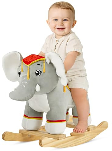 FUNLIO Thai Elephant Baby Rocking Horse for Toddlers 1-3 Years, Cute & Graceful Gray Elephant Rocker for Baby, Stuffed Plush Ride-on Rocking Animal, Easy to Assemble, CPC & CE Certified