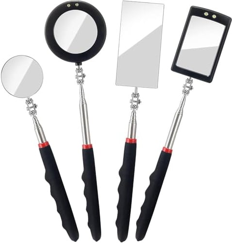 Greluma 4 Pz Specchio di ispezione telescopico con Illuminazione a LED per Il Controllo Meccanico di Veicoli, Auto, Ciglia, Bocca e Piccole Parti (Estensibile, Rettangolare e Rotondo)
