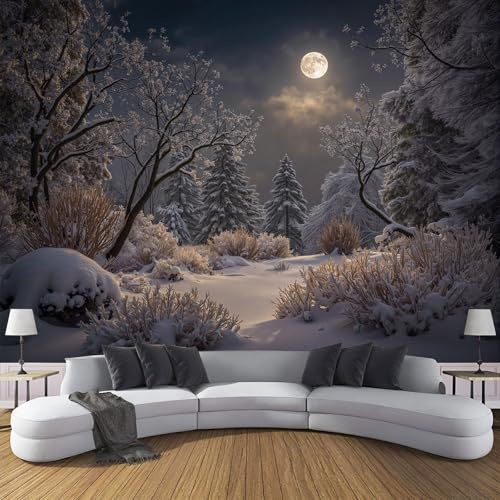 Fototapete Winter Retro Verschneiter Wald, Seide Wandbild für Kinderzimmer Schlafzimmer oder Lounge, Natur Wohnakzent, 250 x 175 cm, passende Bahnen, detailreicher Druck, ative Raumdeko Braunblau