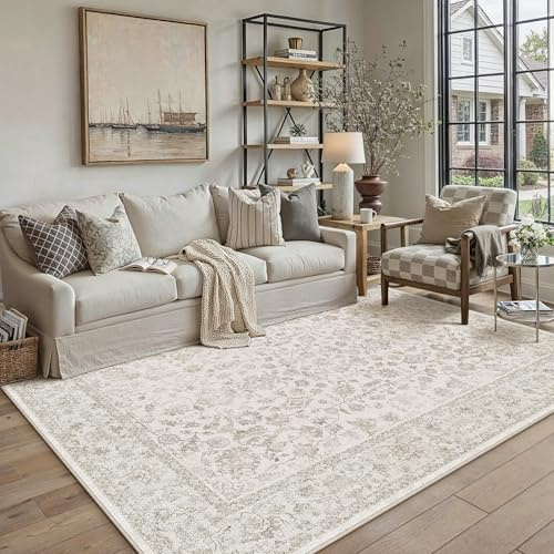 PureCozy Teppich Wohnzimmer Creme 160x230cm Waschbarer rutschfest Teppiche | Weicher Kurzflor, Pflegeleicht, Vintage Carpet, Schlafzimmer, Esszimmer, Büro ,Kinderzimmer