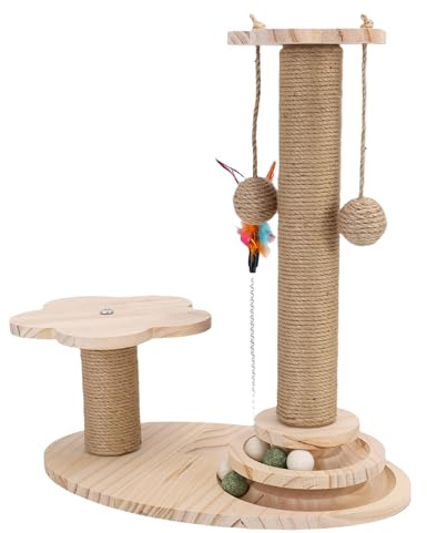 Haofy Katzenkratzbaum, Katzenturm aus Sisal und Holz mit Plüschspielzeug für Hauskatzen, Kätzchen, Natürliche Holzfarbe (Massivholz, 46 cm hoch)