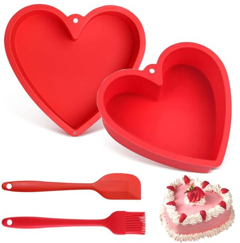 2 Stück Silikon Backform Herz, 8 inch mit Bürste und Schaber(Rot) | Silikon Herzbackform, Antihaft Herzform Backform, Herz Kuchen Silikonform für Kuchen Pudding und Gelee zu Schaffen