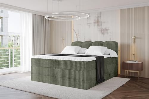 ALTDECOR Boxspringbett mit Matratze und Lattenrost, Topper, Polsterbett mit Bettkasten, Bett mit Stauraum H3- und H4- Matratze, Doppelbett, Springboxbett - NINA King - 140x200 Olive