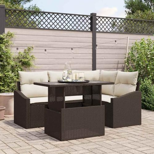 Keeushr Gartensofa-Set mit Kissen 5-teilig in Braun und Creme aus strapazierfähigem Poly-Rattan, modulares Eckbank-Set mit Tisch für Terrasse und Garten, wetterbeständige